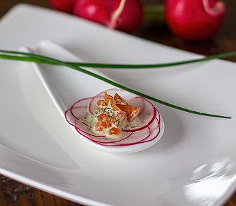 Gebeizter Saibling auf Dill-Vinaigrette auf dem Gourmet-Löffel serviert