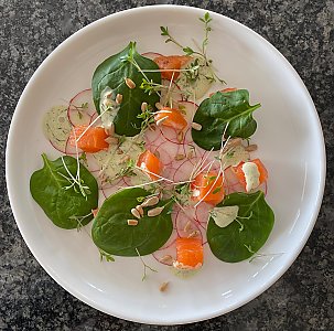 Gebeizter Saibling auf Dill-Vinaigrette als Vorspeise