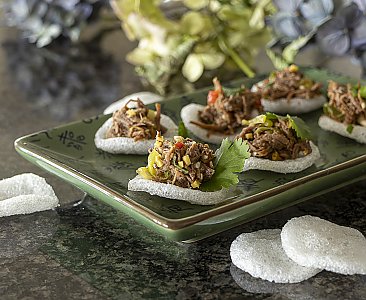 Thailändischer Rindfleisch-Salat auf Garnelenchips serviert